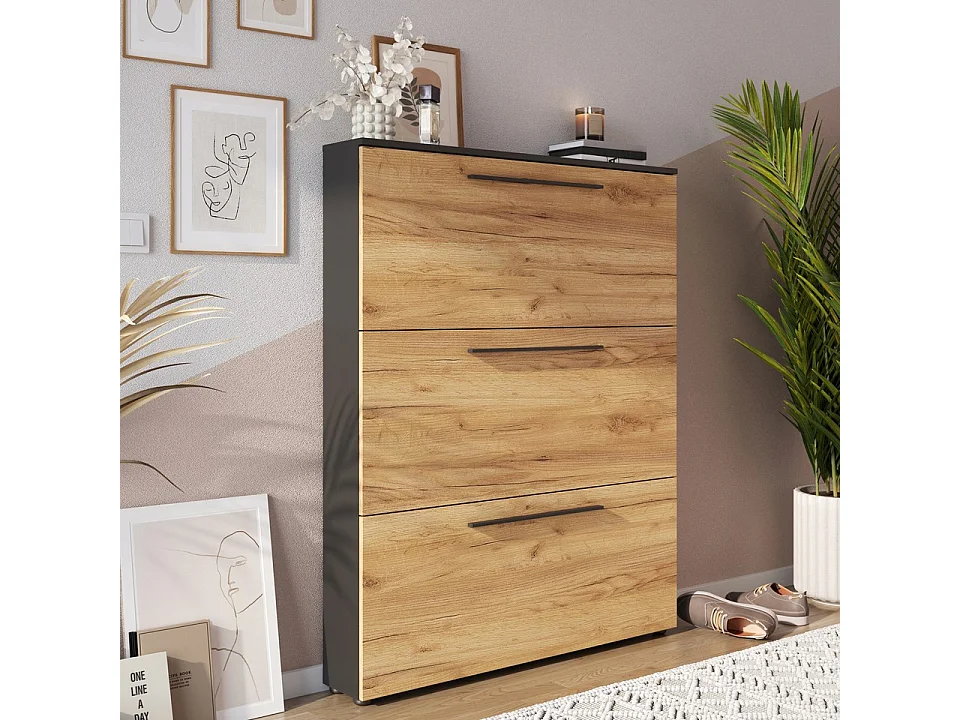 Meuble à chaussures noir et chêne 3 portes Nava