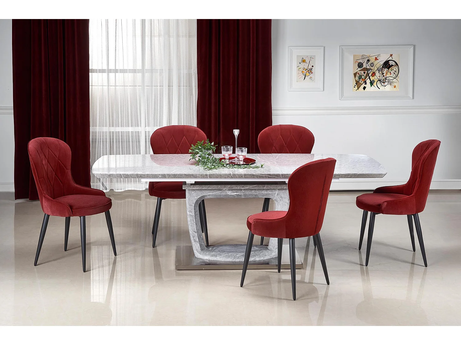 Sedia da pranzo in velluto rosso scuro con gambe in acciaio nero Spin