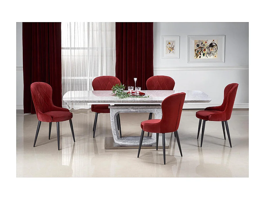 Chaise de salle à manger en velours rouge foncé avec pieds en acier noir Spin