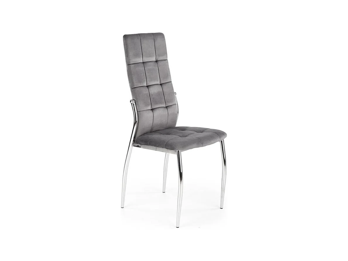 Chaise de salle à manger matelassée en velours gris avec dossier haut et pieds design en acier ELYSIUM