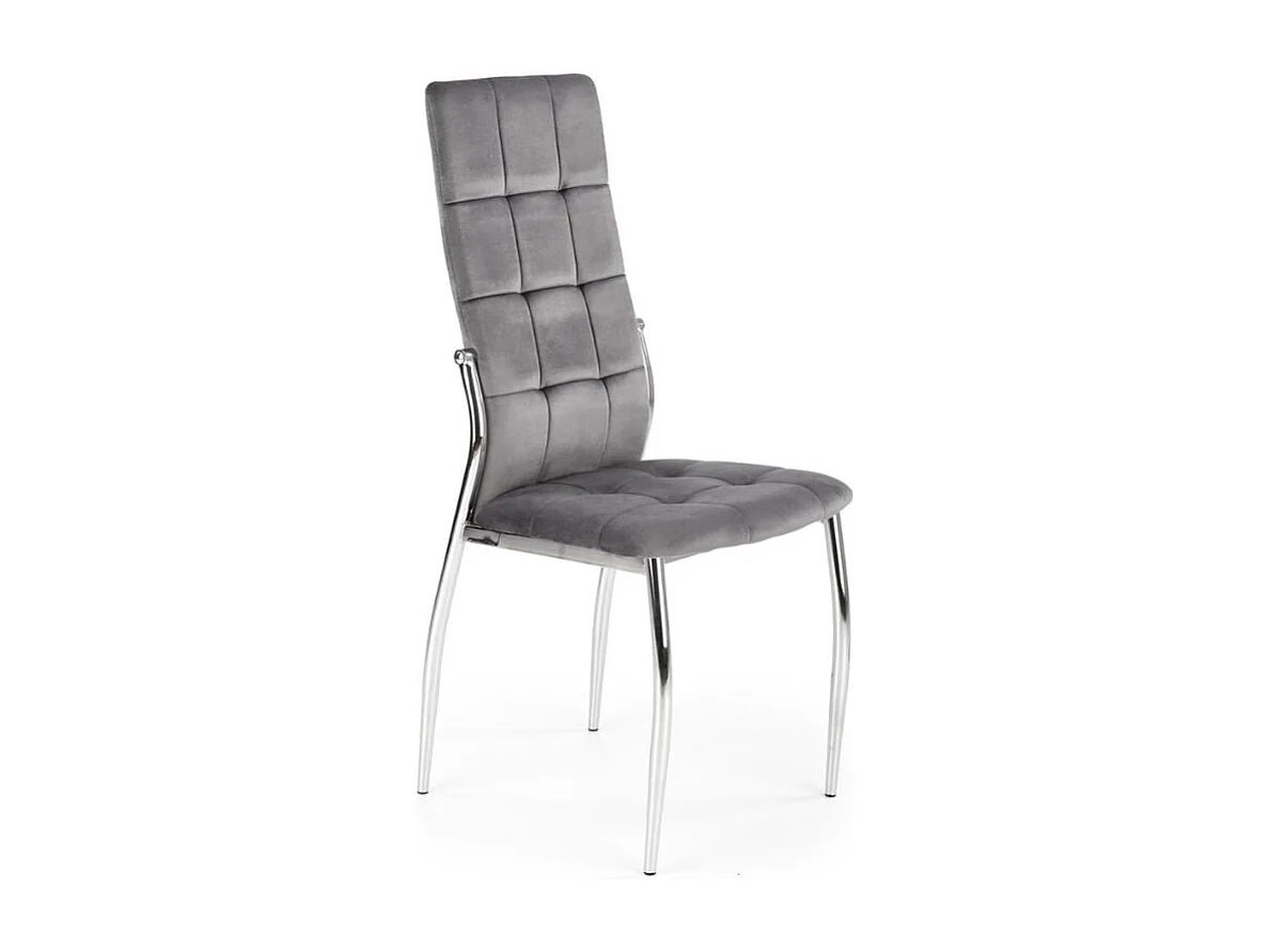 Silla de comedor tapizada en terciopelo gris con respaldo alto y patas de acero de diseño ELYSIUM