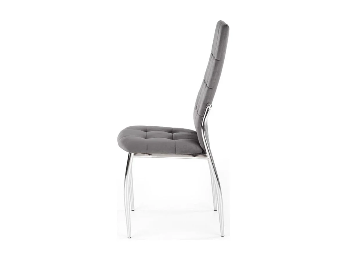 Silla de comedor tapizada en terciopelo gris con respaldo alto y patas de acero de diseño ELYSIUM