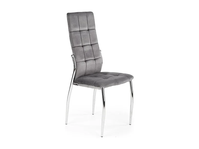 Chaise de salle à manger matelassée en velours gris avec dossier haut et pieds design en acier ELYSIUM