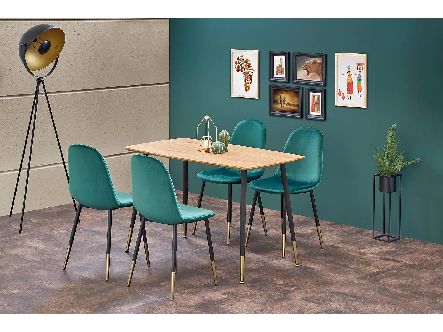 Chaise de salle à manger en velours vert avec pieds en acier noir et doré ALWAYS