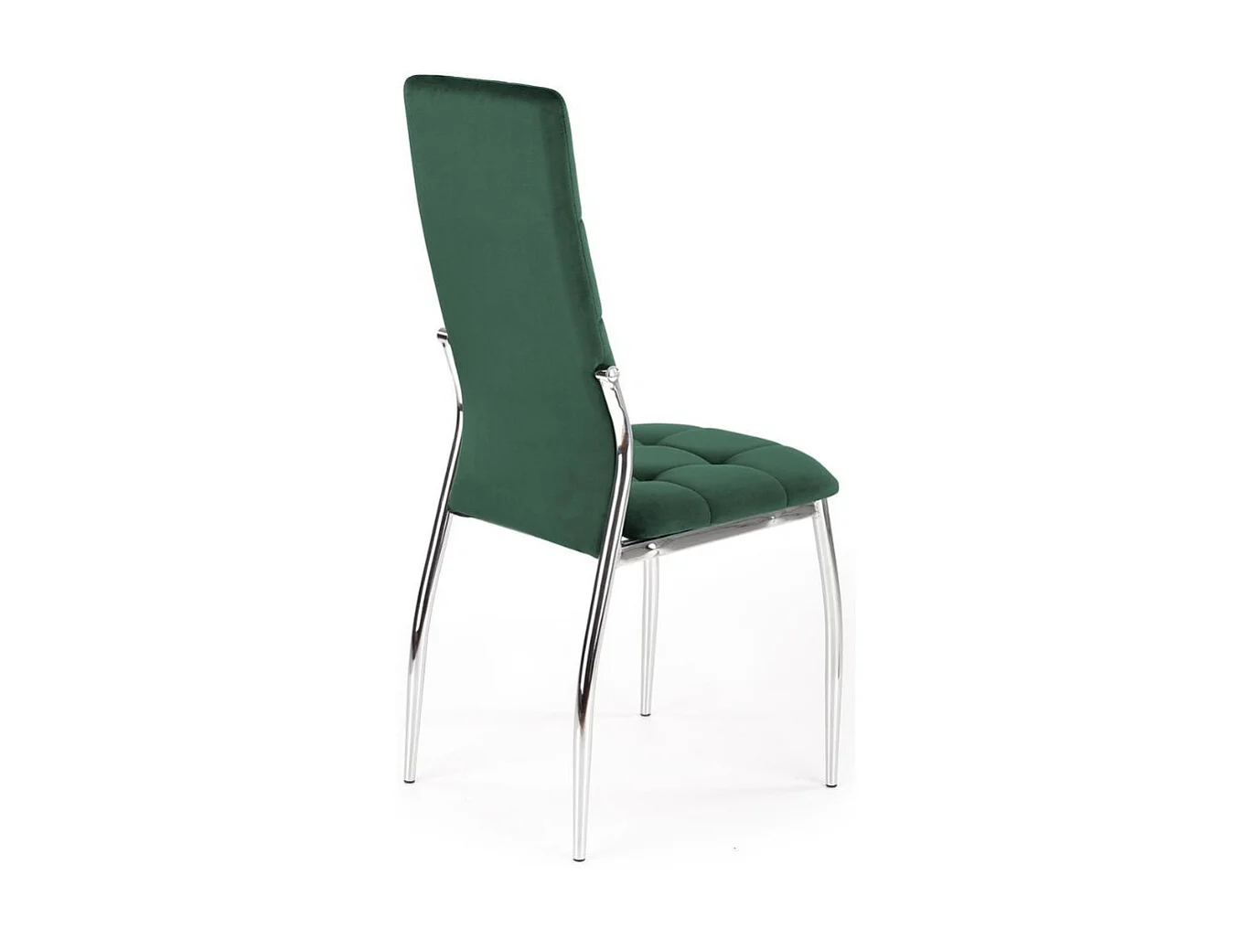 Silla de comedor tapizada en terciopelo verde oscuro con respaldo alto y patas de acero de diseño ELYSIUM