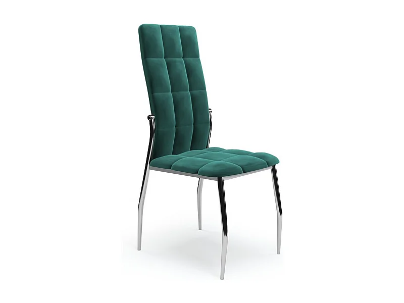 Silla de comedor tapizada en terciopelo verde oscuro con respaldo alto y patas de acero de diseño ELYSIUM