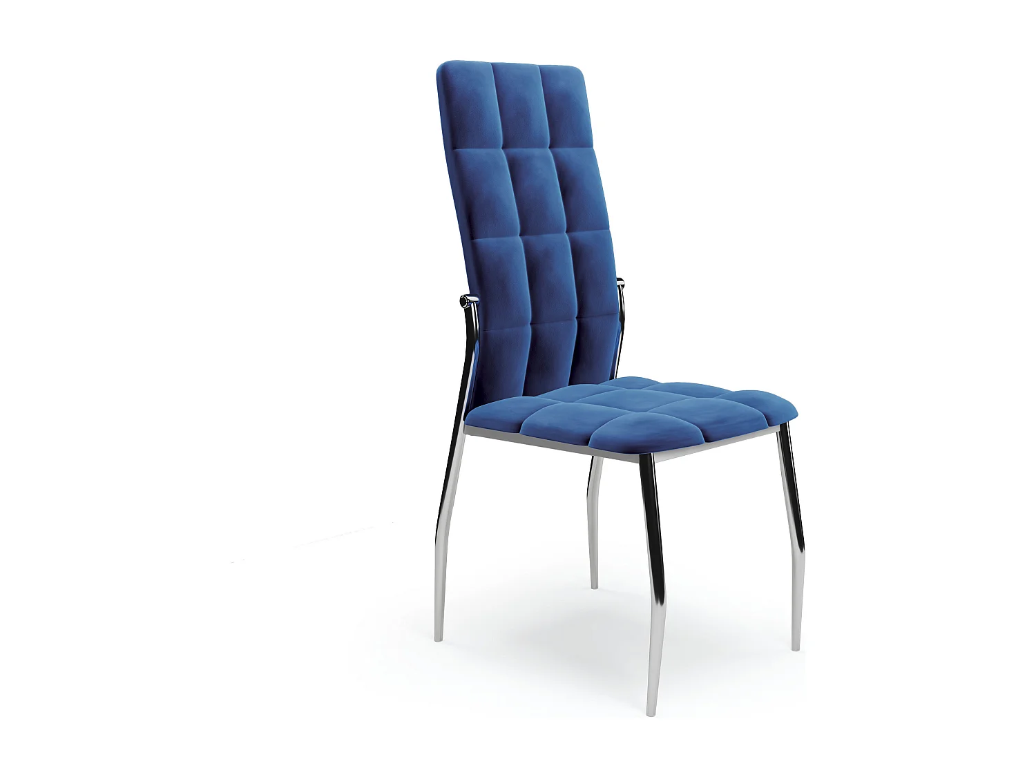 Silla de comedor tapizada en terciopelo azul con respaldo alto y patas de acero de diseño ELYSIUM