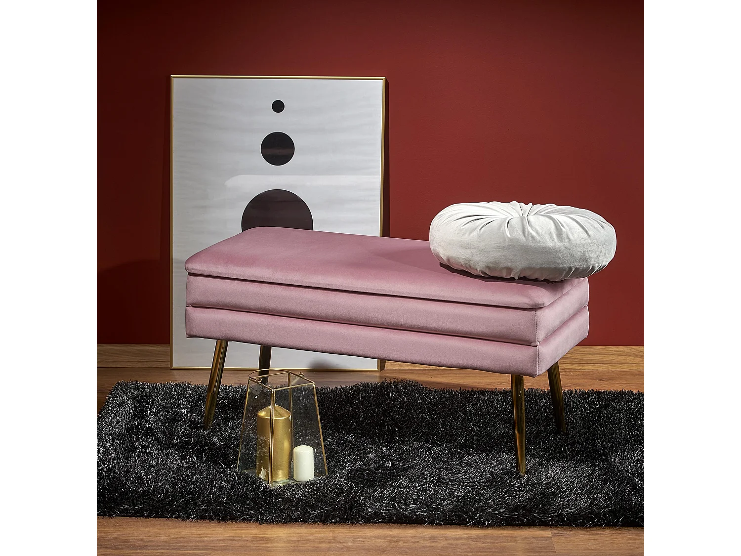 Banco de terciopelo rosa con patas de metal dorado PATTY