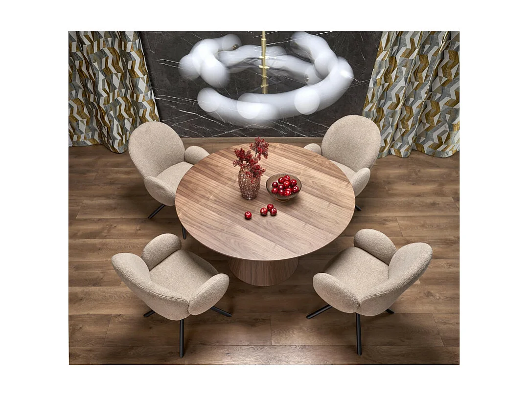 Mesa redonda de chapa de madera de 136 cm con pata central Carmela