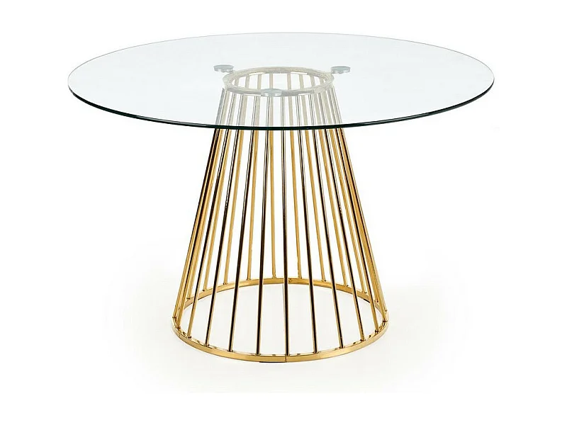 Mesa de comedor redonda con tapa de cristal y pata central de acero dorado Cambridge