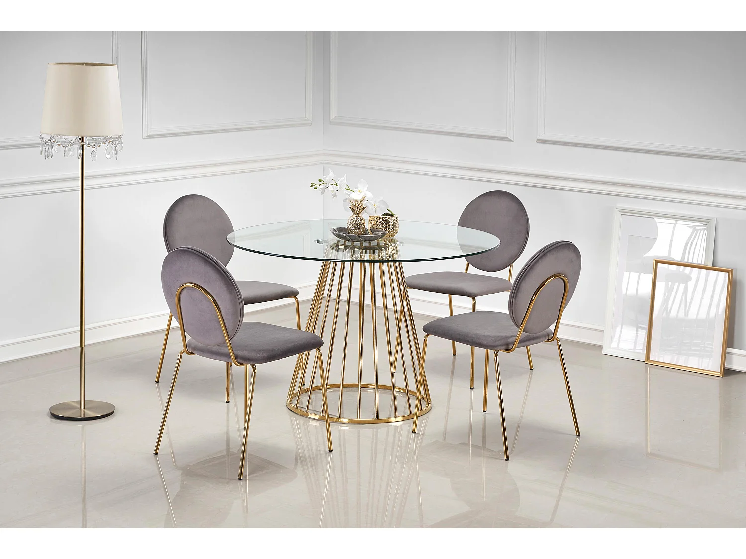 Table de salle à manger ronde avec plateau en verre et pied central en acier doré Cambridge