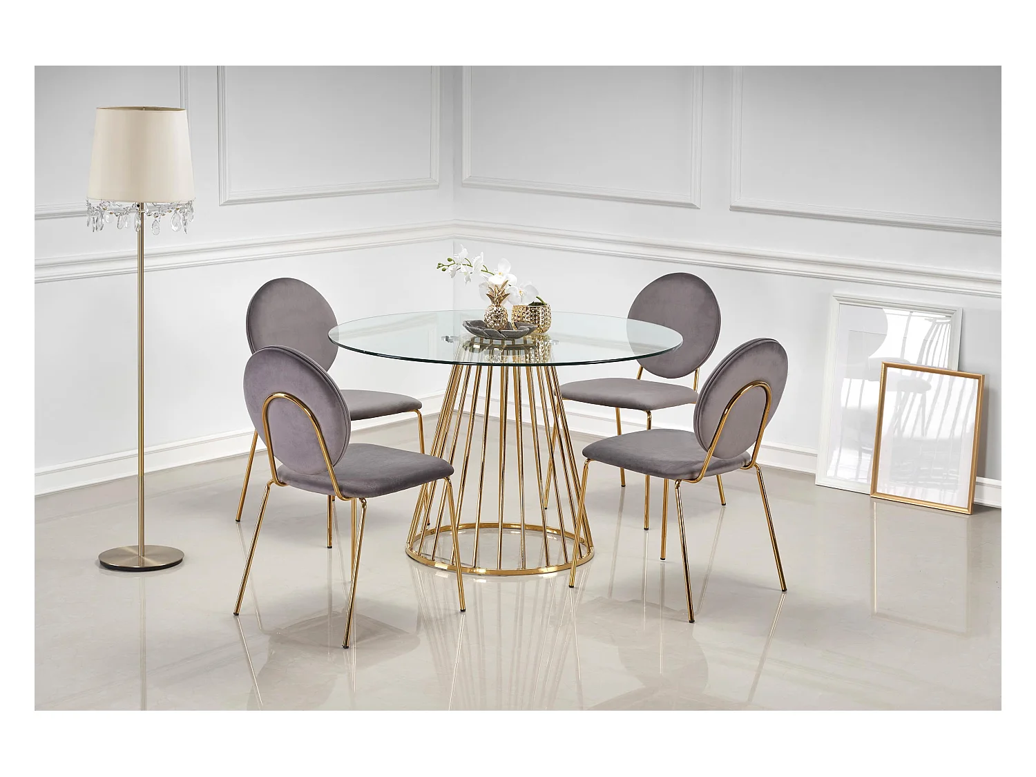 Mesa de comedor redonda con tapa de cristal y pata central de acero dorado Cambridge