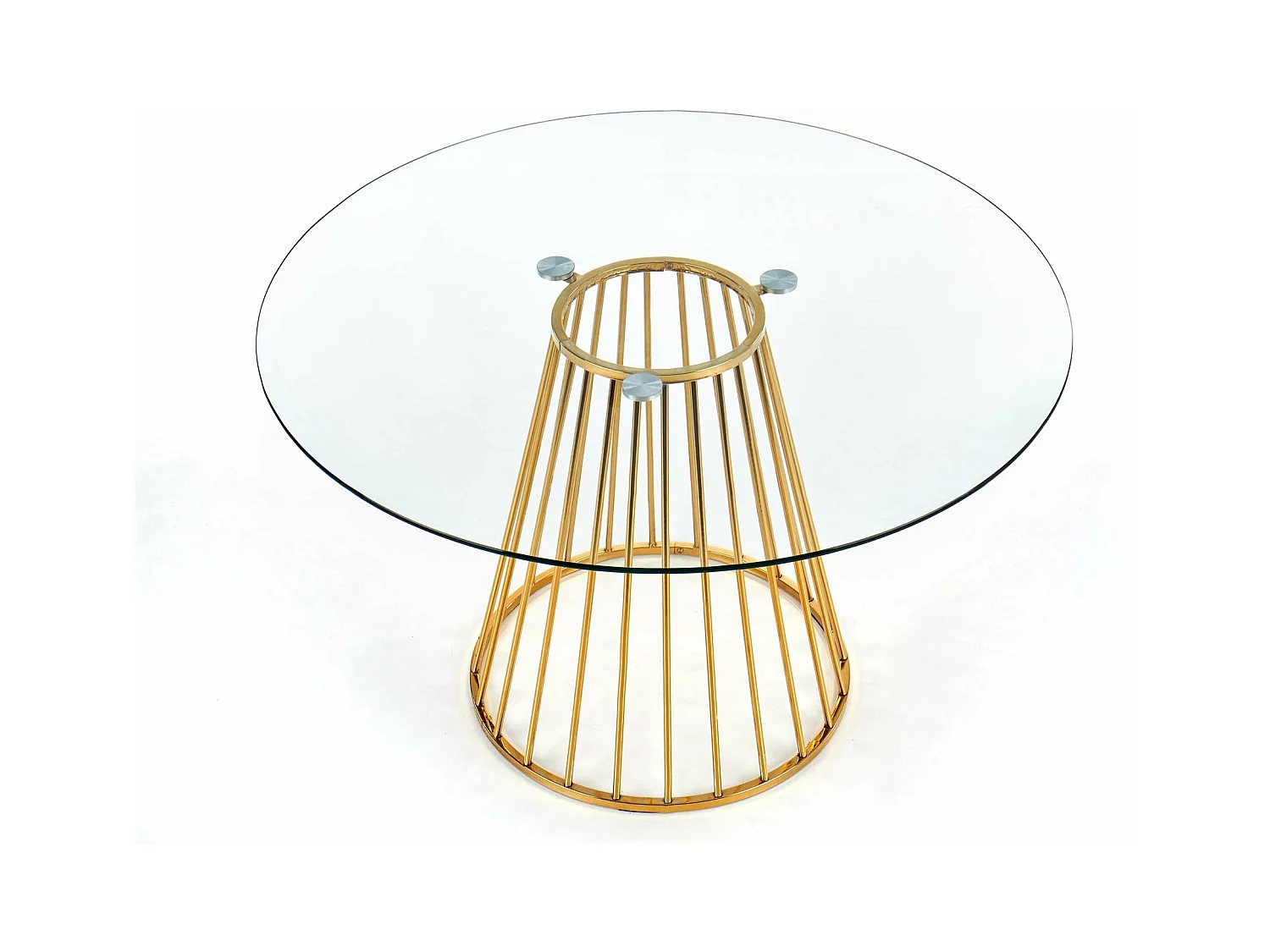 Mesa de comedor redonda con tapa de cristal y pata central de acero dorado Cambridge