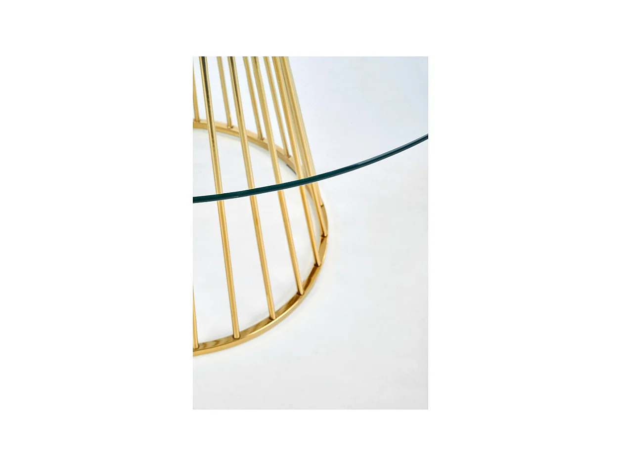 Mesa de comedor redonda con tapa de cristal y pata central de acero dorado Cambridge