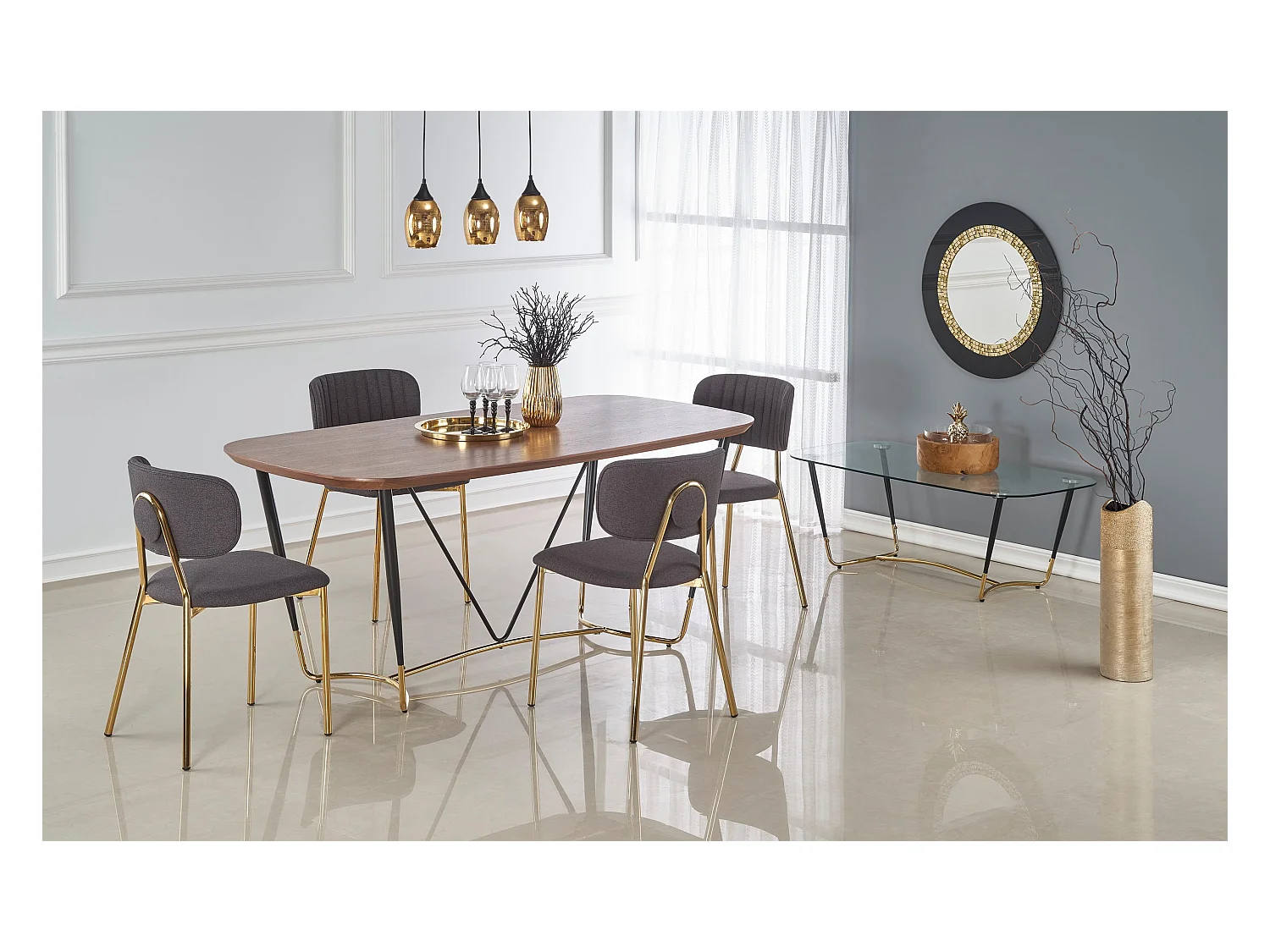 Table à manger avec placage naturel noyer et pieds dorés Brighton