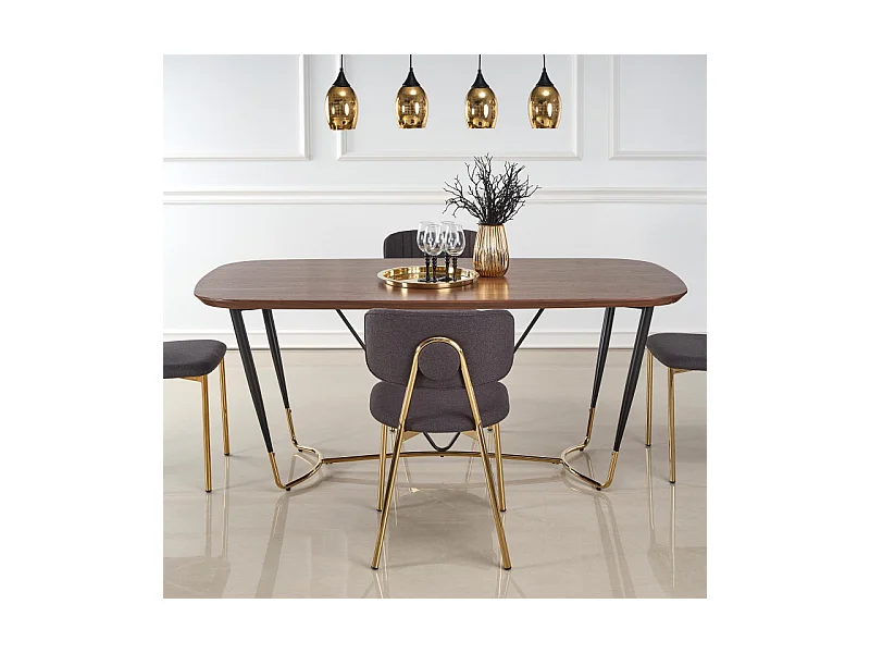 Table à manger avec placage naturel noyer et pieds dorés Brighton