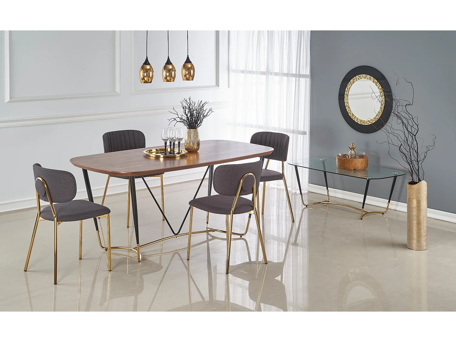 Table à manger avec placage naturel noyer et pieds dorés Brighton