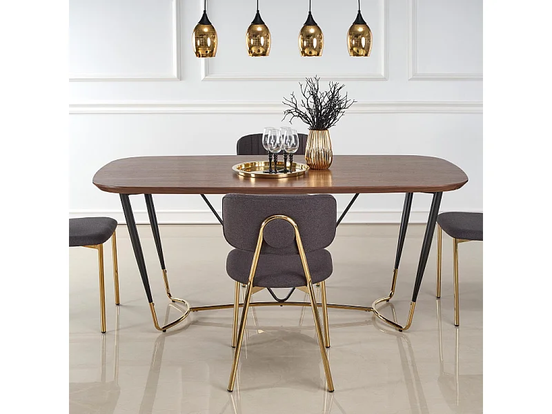 Table à manger avec placage naturel noyer et pieds dorés Brighton