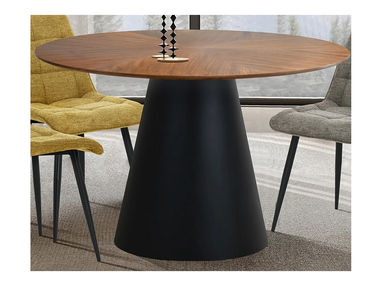 Table de salle à manger ronde 120 cm aspect noyer et noir mat Lindsay