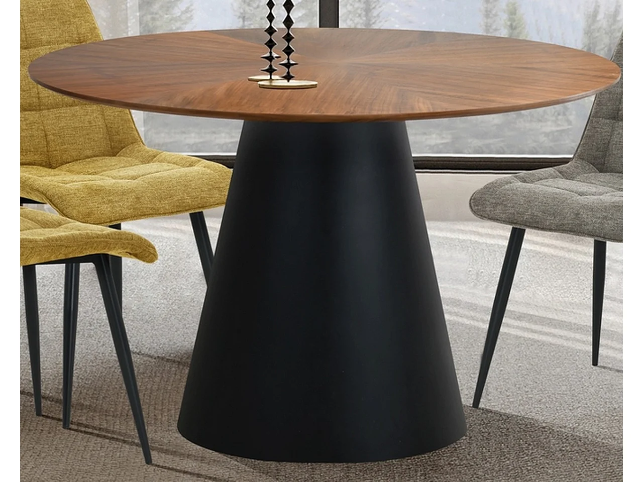 Table de salle à manger ronde 120 cm aspect noyer et noir mat Lindsay