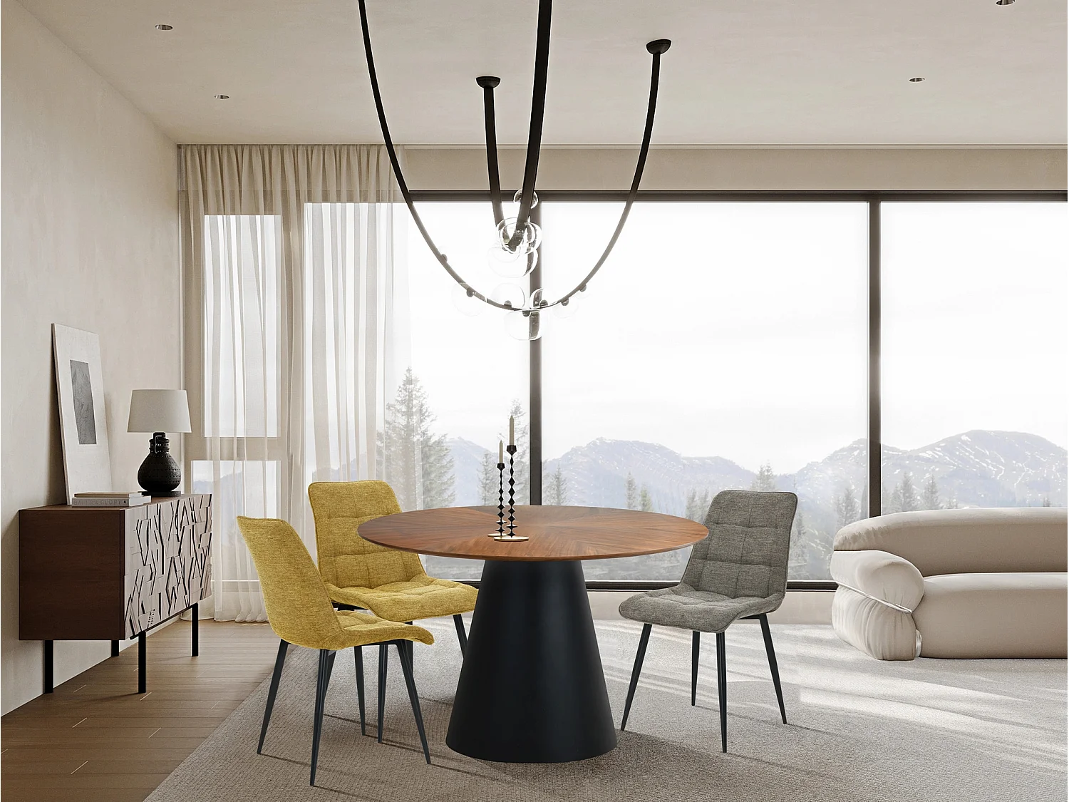 Table de salle à manger ronde 120 cm aspect noyer et noir mat Lindsay