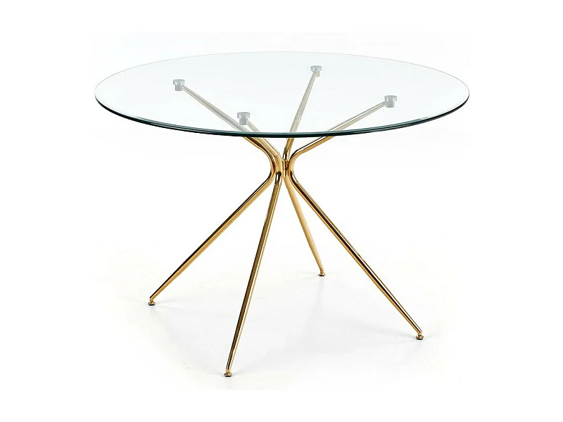 Mesa de comedor redonda con tapa de cristal de 110 cm y pata Around de metal dorado