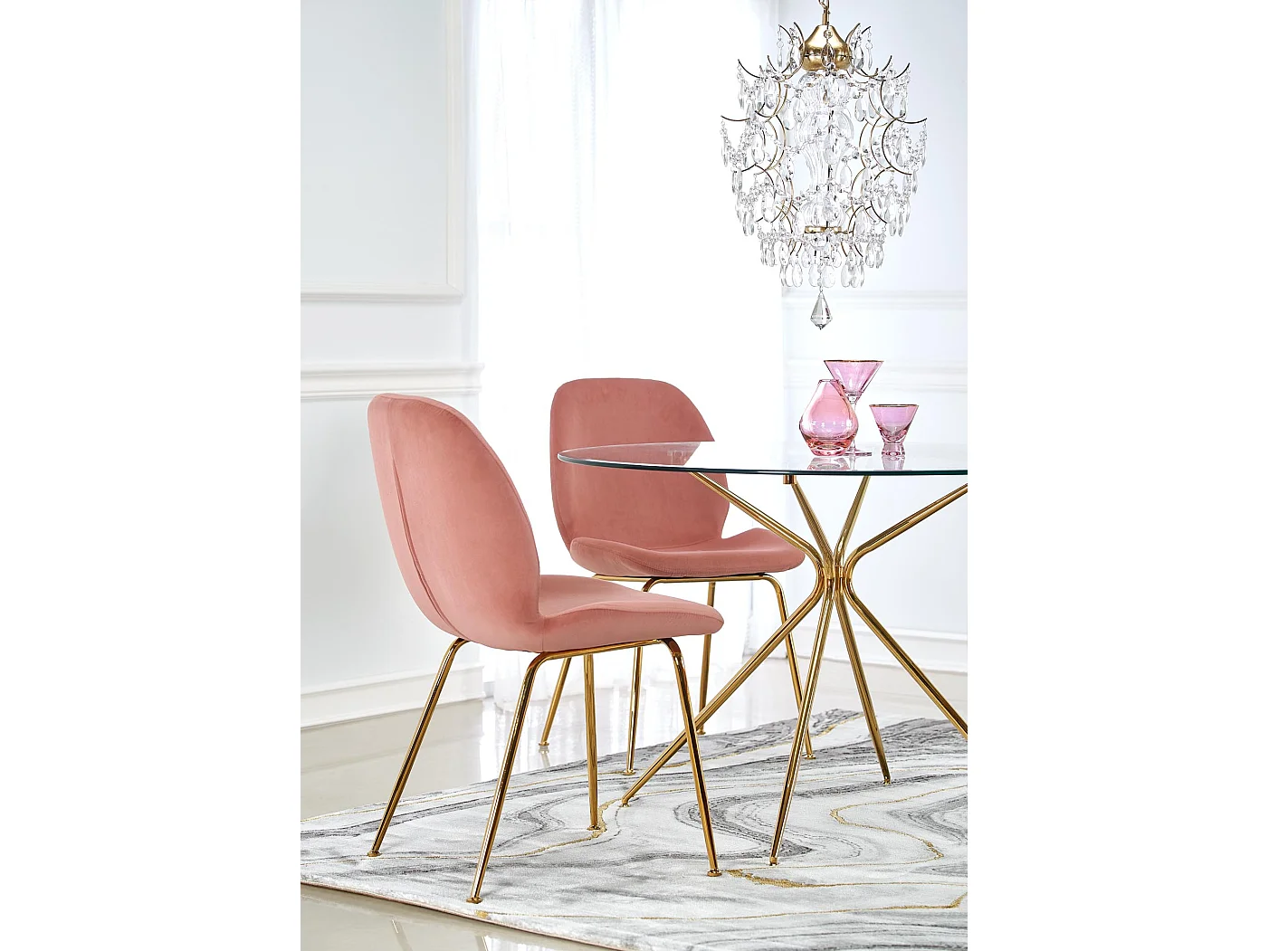 Table de salle à manger ronde avec plateau verre de 110cm et pied métal doré Around