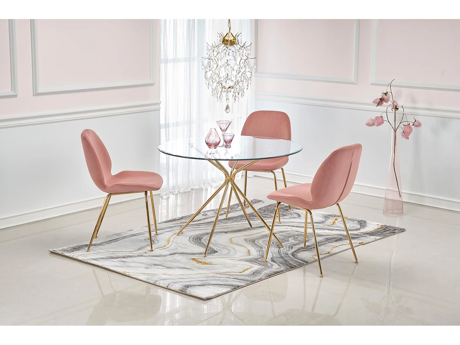 Table de salle à manger ronde avec plateau verre de 110cm et pied métal doré Around