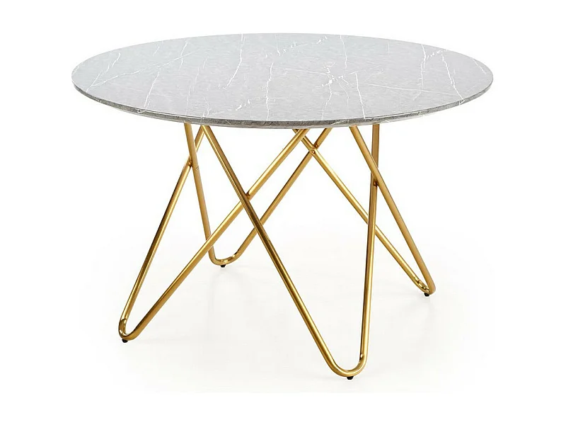 Mesa de comedor redonda con tablero de aspecto mármol y estructura de acero dorado Break