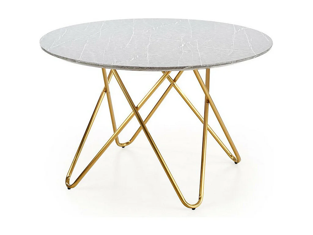 Mesa de comedor redonda con tablero de aspecto mármol y estructura de acero dorado Break