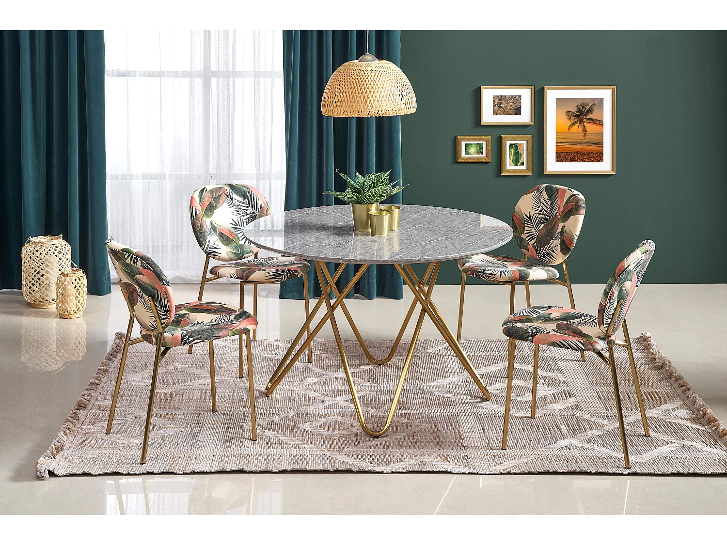 Mesa de comedor redonda con tablero de aspecto mármol y estructura de acero dorado Break