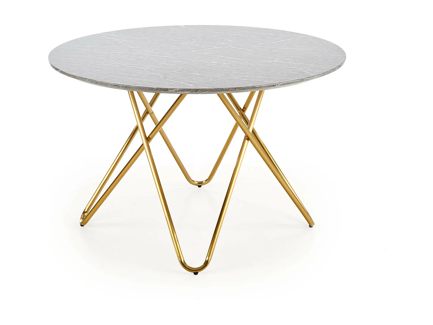 Mesa de comedor redonda con tablero de aspecto mármol y estructura de acero dorado Break