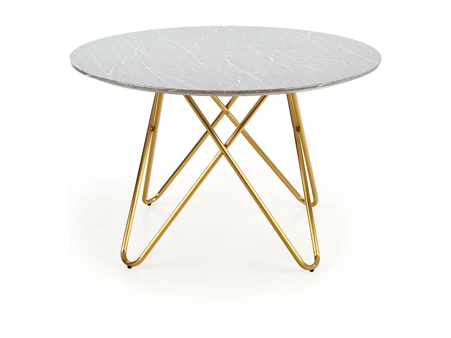 Mesa de comedor redonda con tablero de aspecto mármol y estructura de acero dorado Break