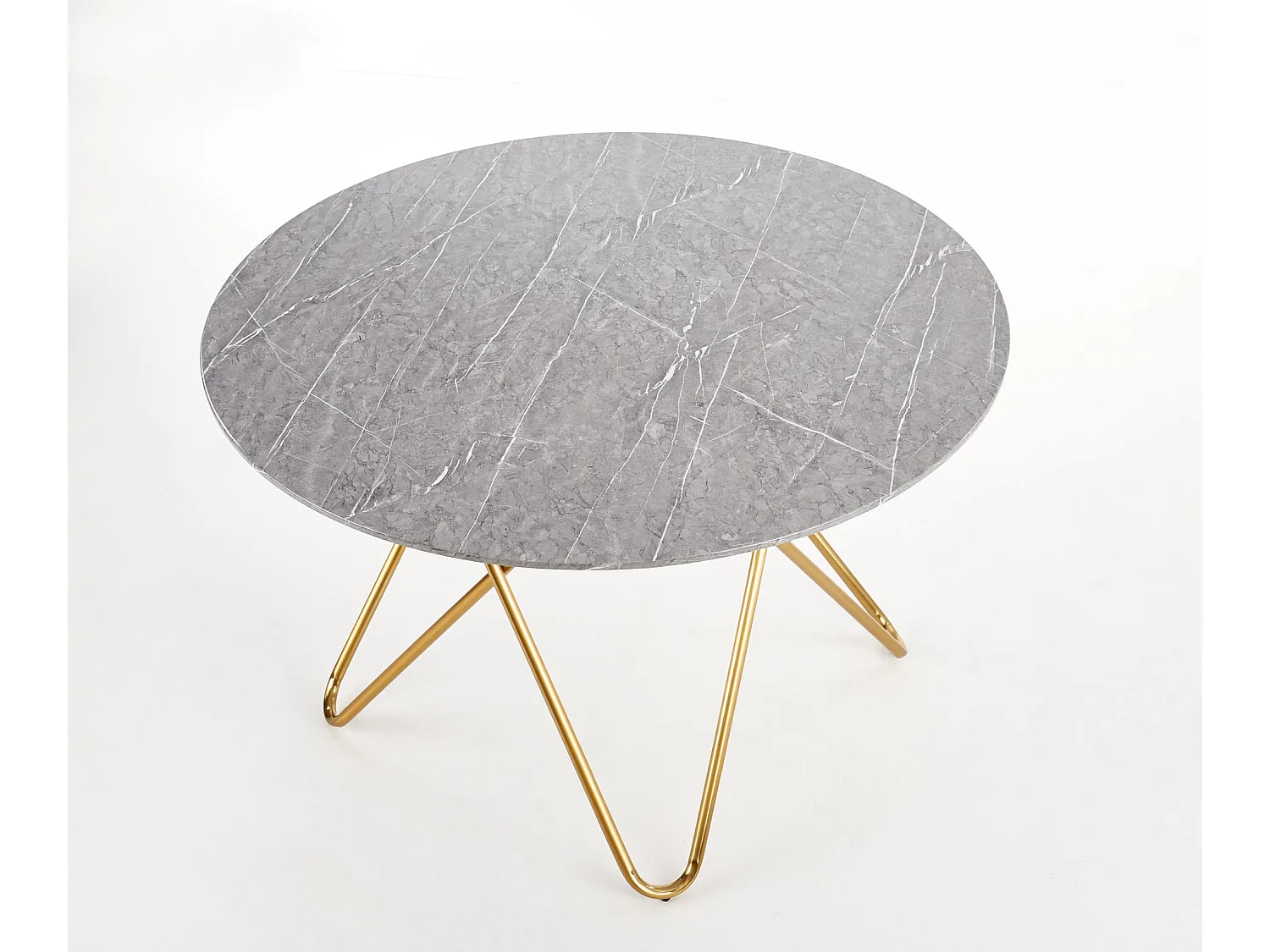 Mesa de comedor redonda con tablero de aspecto mármol y estructura de acero dorado Break