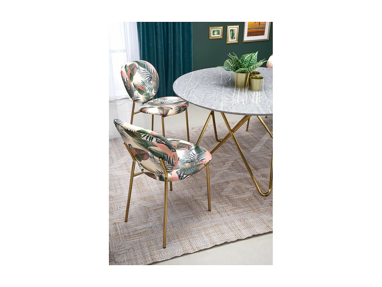 Mesa de comedor redonda con tablero de aspecto mármol y estructura de acero dorado Break