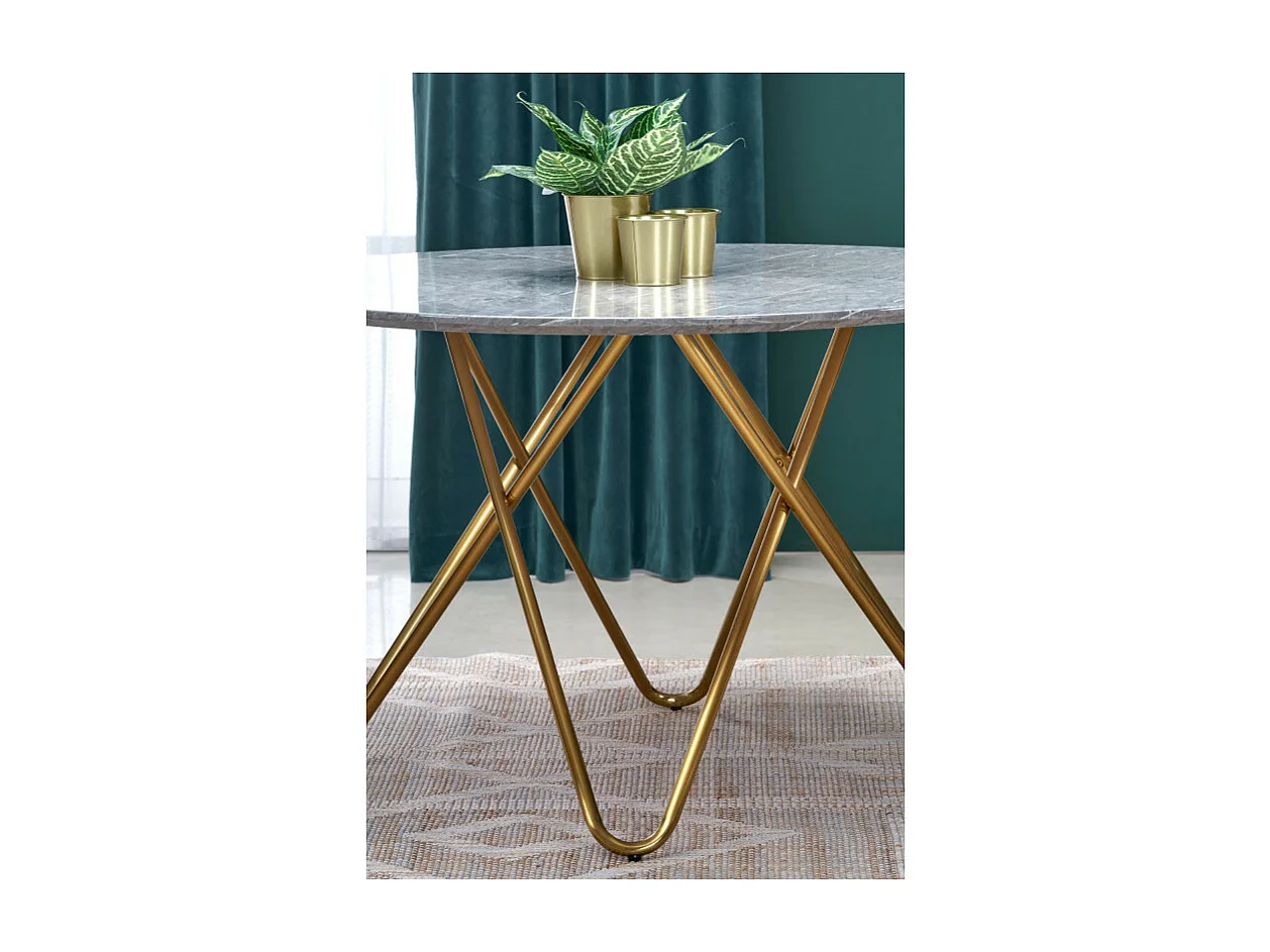 Mesa de comedor redonda con tablero de aspecto mármol y estructura de acero dorado Break