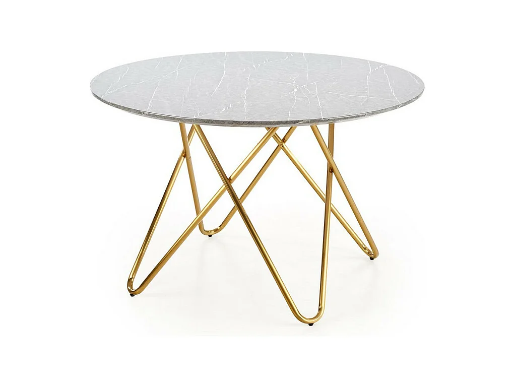 Table de salle à manger ronde avec plateau aspect marbre et structure design en acier doré Break