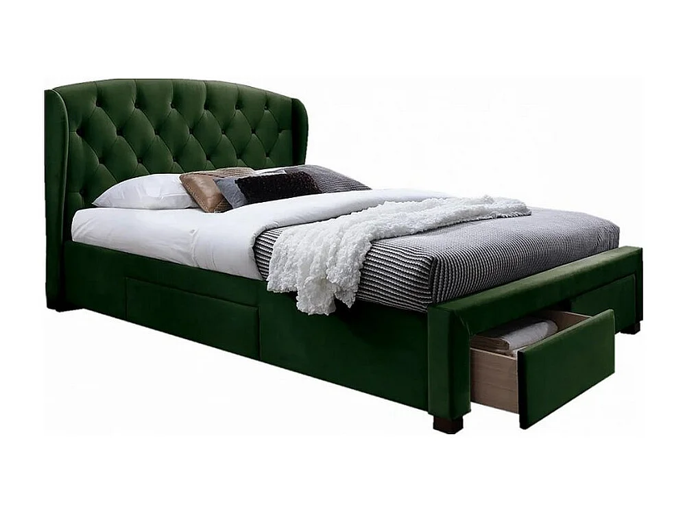 Lit capitonné tissu vert avec sommier et rangements Rosalie