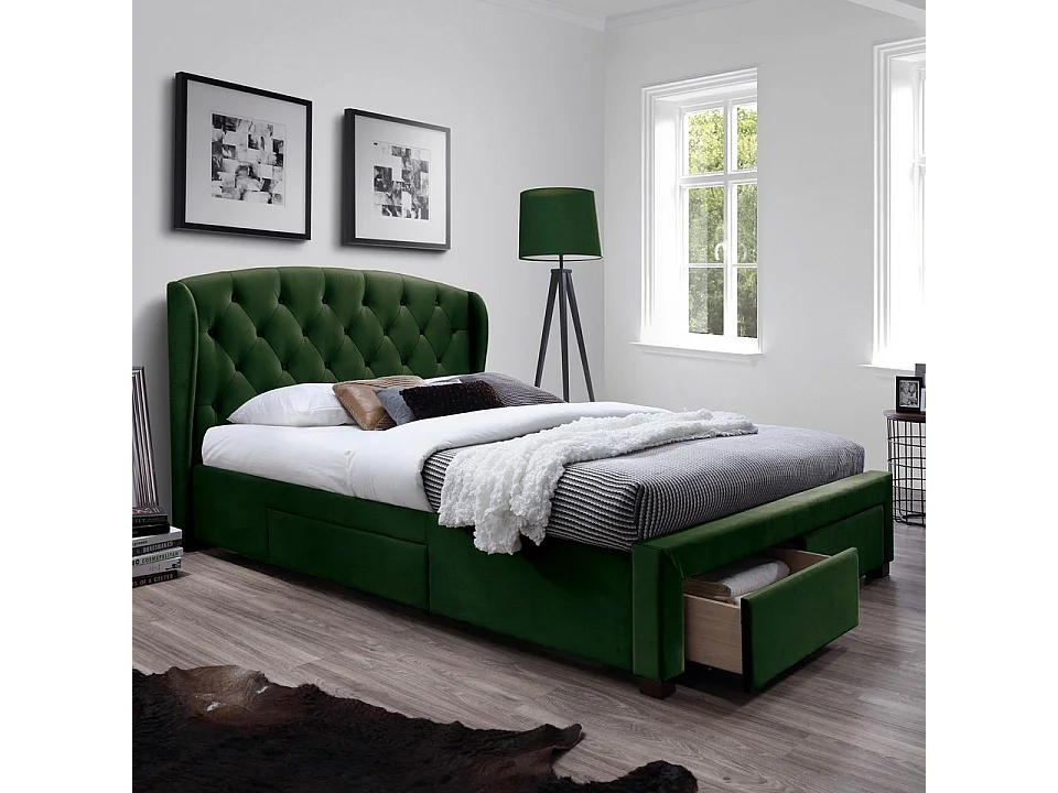 Lit capitonné tissu vert avec sommier et rangements Rosalie