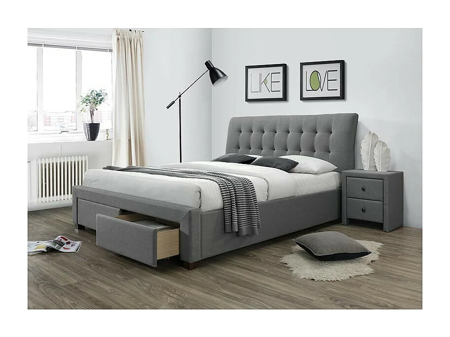 Lit tissu gris 160x200cm tête capitonnée Precy