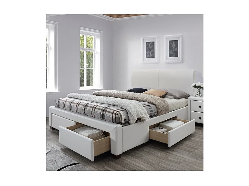 Lit blanc avec sommier à lattes et tiroirs Mariano