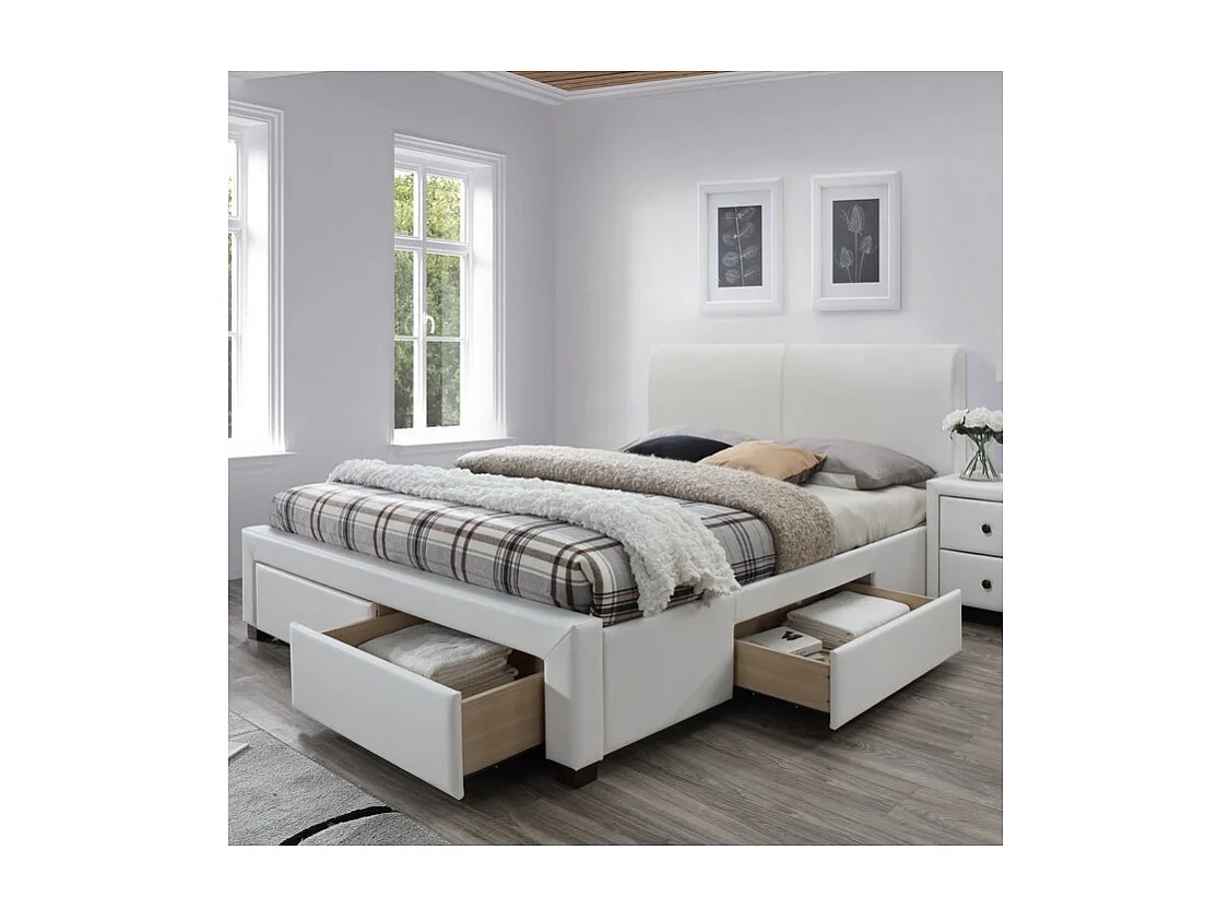 Lit blanc avec sommier à lattes et tiroirs Mariano