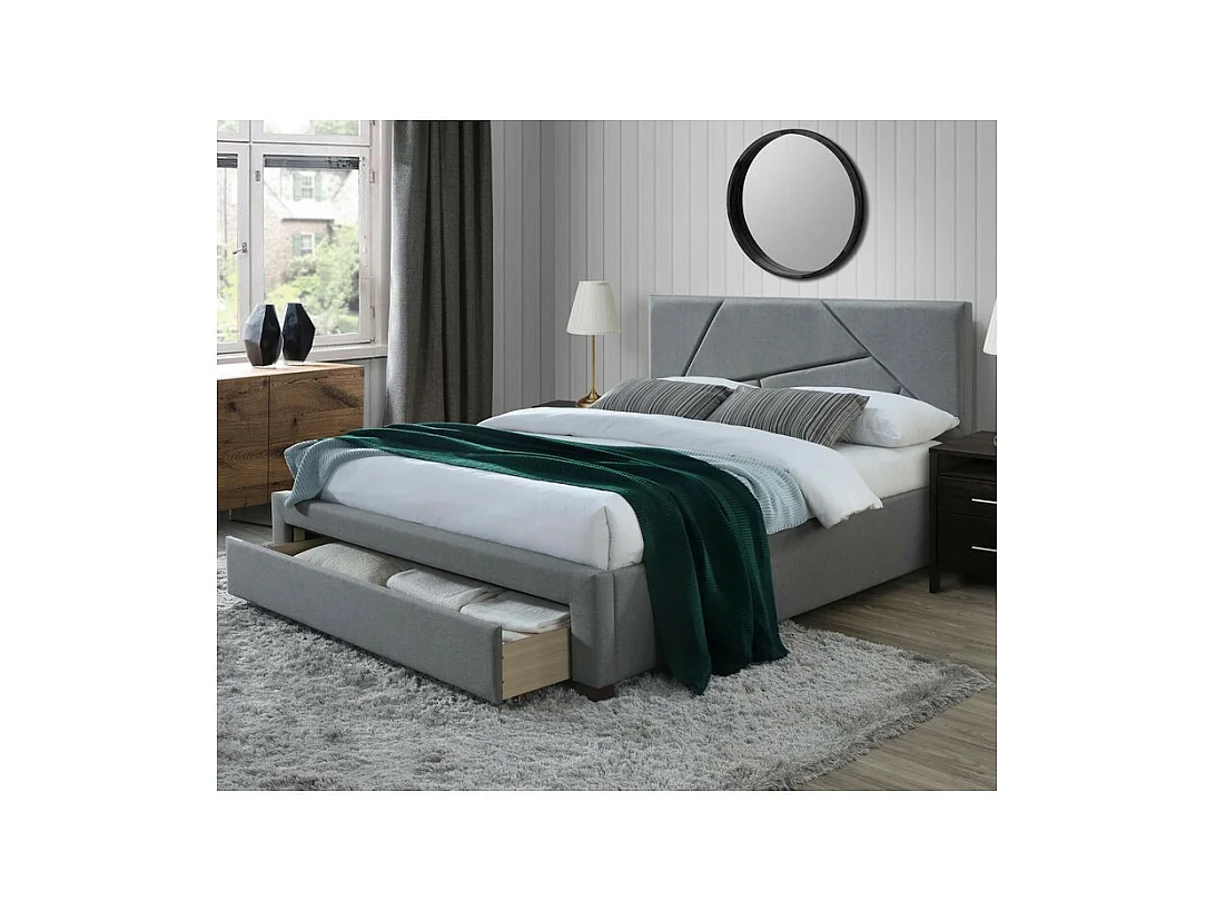 Lit 160 x 200 cm gris avec structure en bois de noyer massif et tiroir de rangement Starter