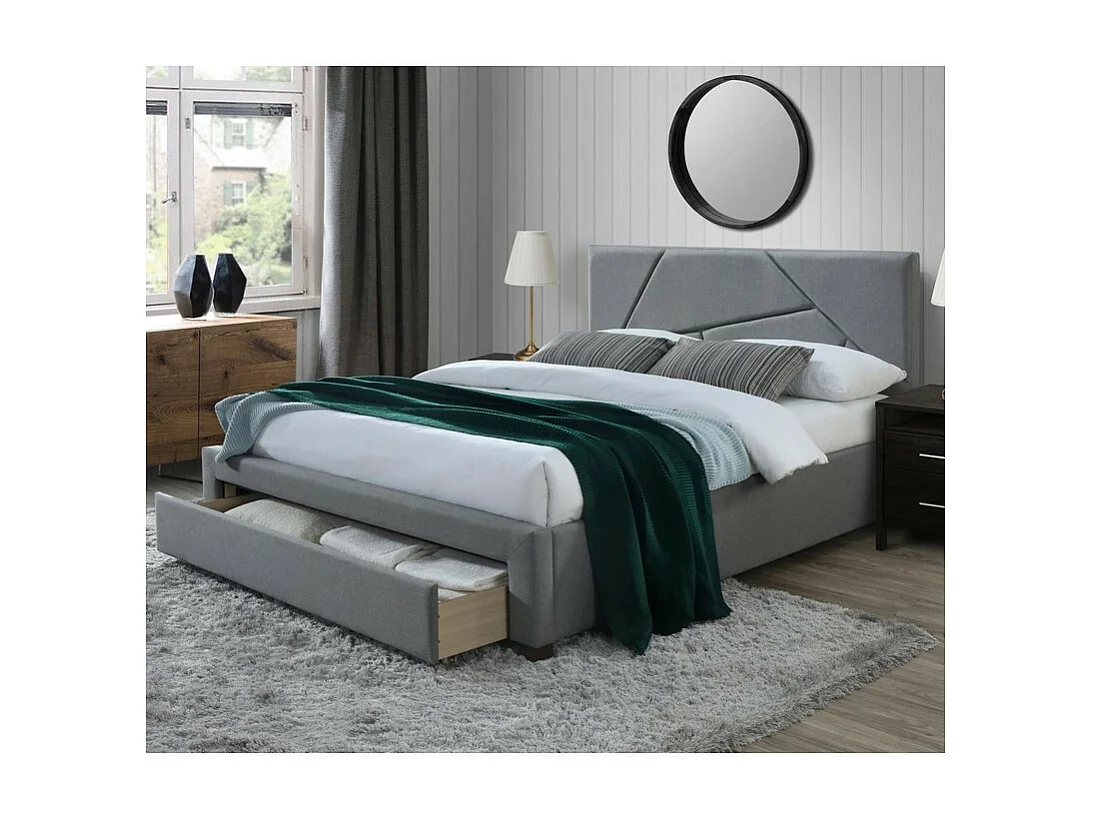 Lit 160 x 200 cm gris avec structure en bois de noyer massif et tiroir de rangement Starter