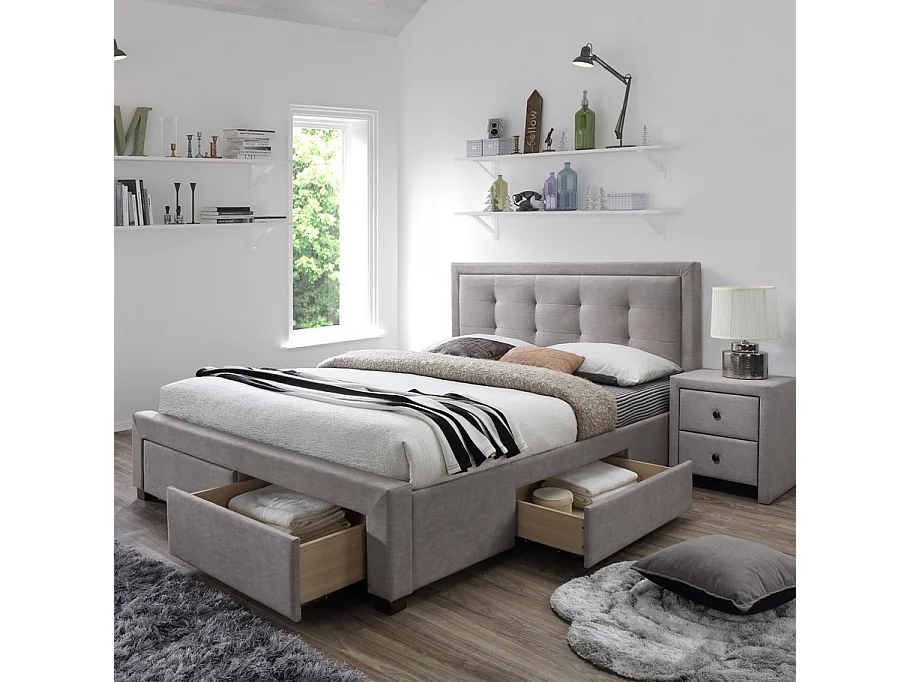 Lit 160x200 beige avec sommier et tiroirs de rangement Enora