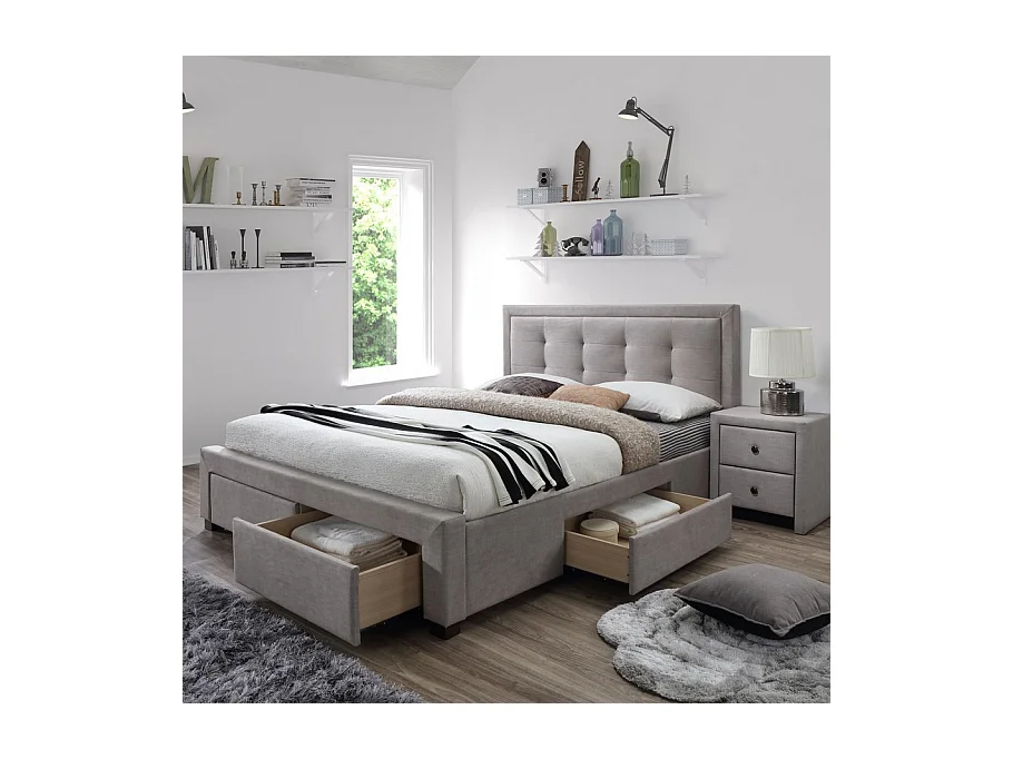 Lit 160x200 beige avec sommier et tiroirs de rangement Enora
