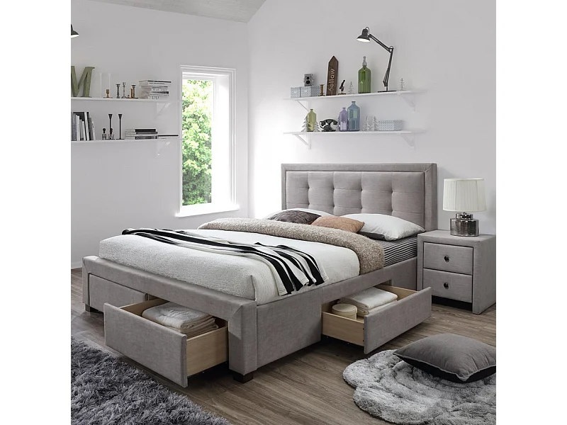 Lit 160x200 beige avec sommier et tiroirs de rangement Enora