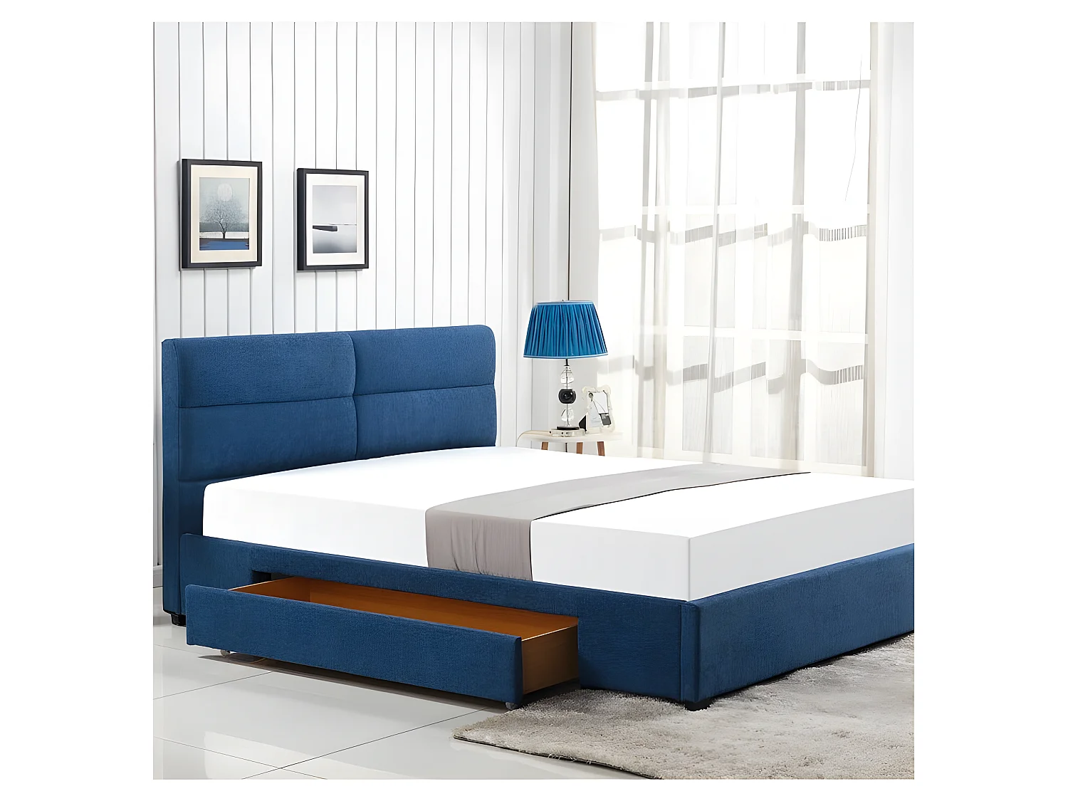 Lit tissu beige 160x200cm tête de lit matelassée Marie - Bleu