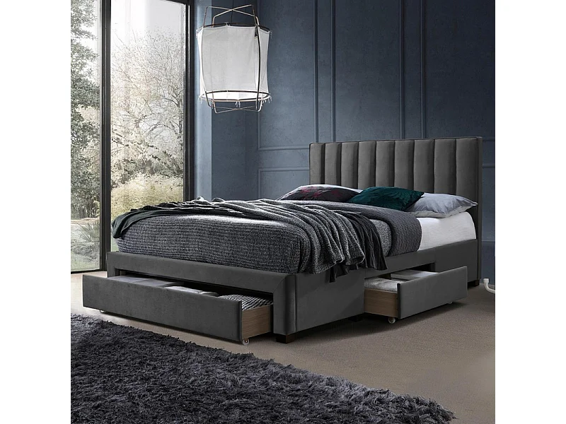 Lit en velours gris 160 x 200 cm avec tiroirs de rangement Velvet