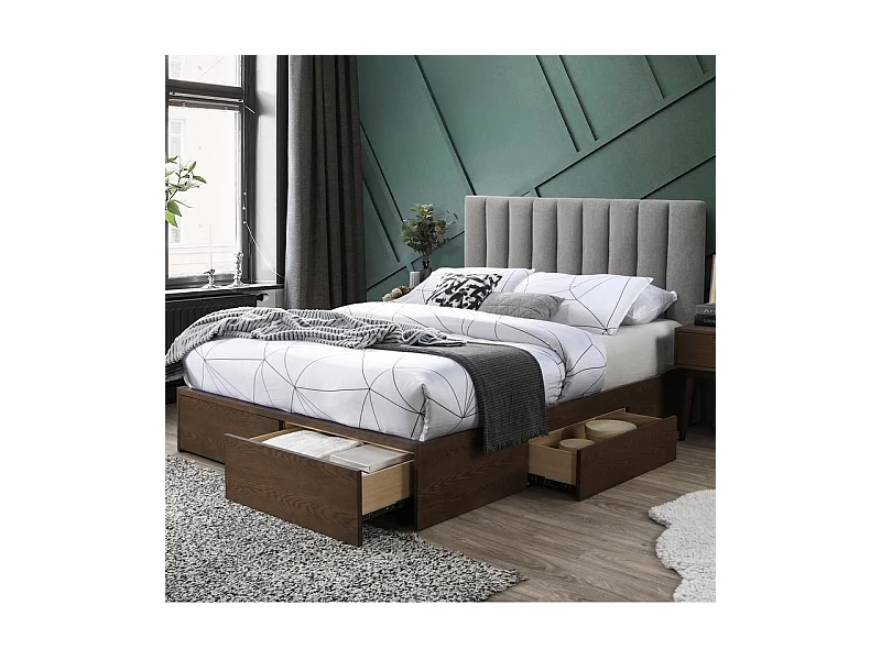 Lit aspect noyer avec tiroirs de rangement pour matelas 160 cm EZEKIEL